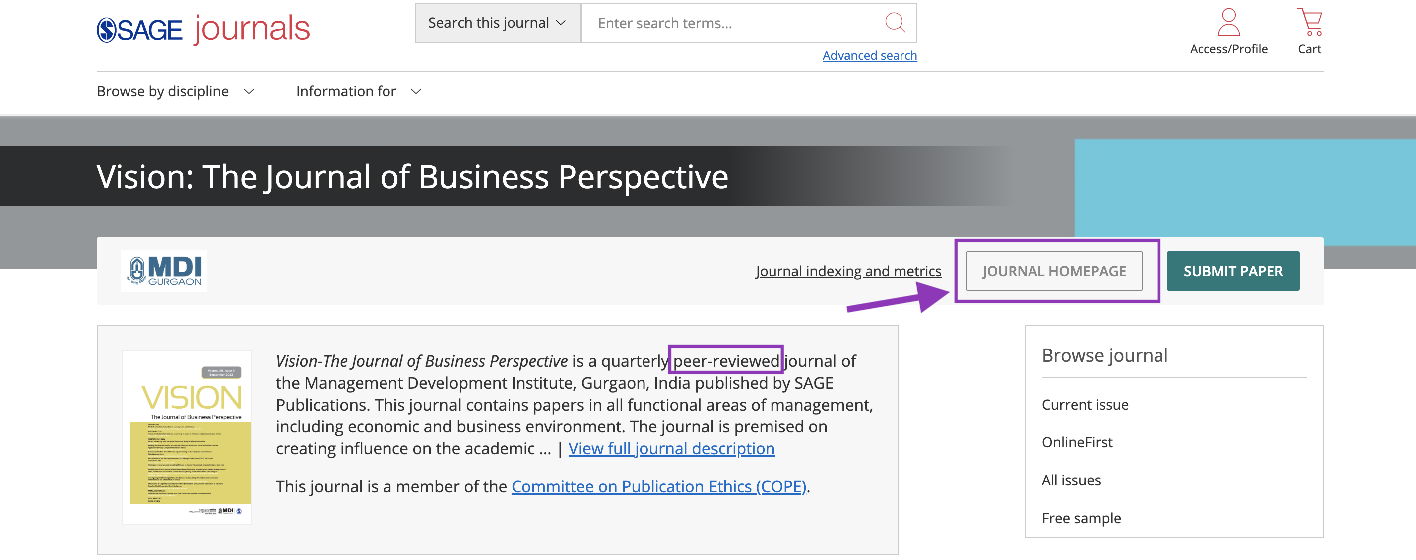 Image of the home page of the Vision business journal.