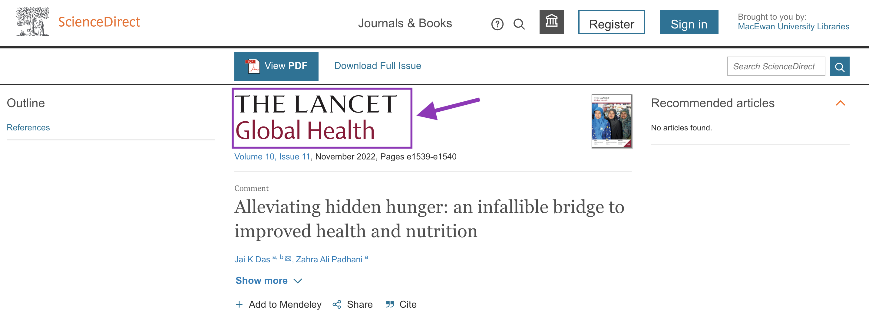 Image of The Lancet Global Health journal website pointing out the title.