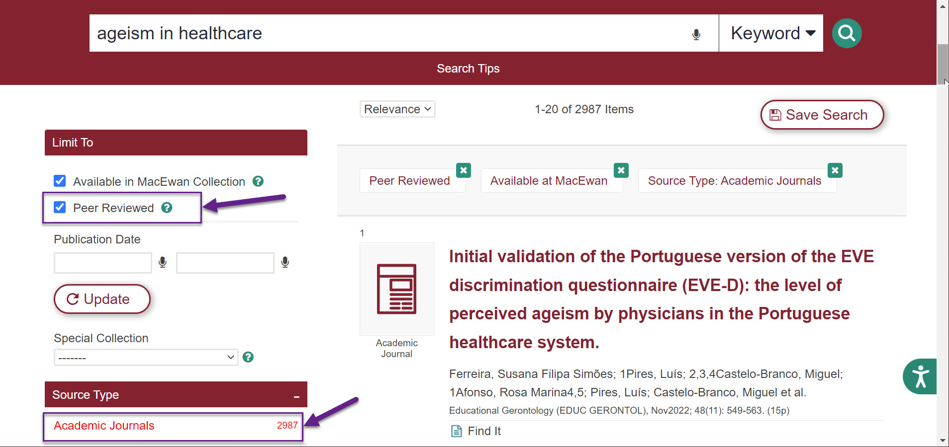 Image of a library search for 'ageism in healthcare', where the peer review checkbox and academic journal source type have been selected.