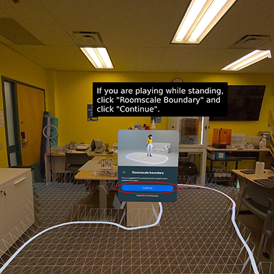 Screenshot of the Boundary Menu set to Roomscale Boundary. This boundary should be used if you are standing while playing, the confirm button is highlighted with a red oval.