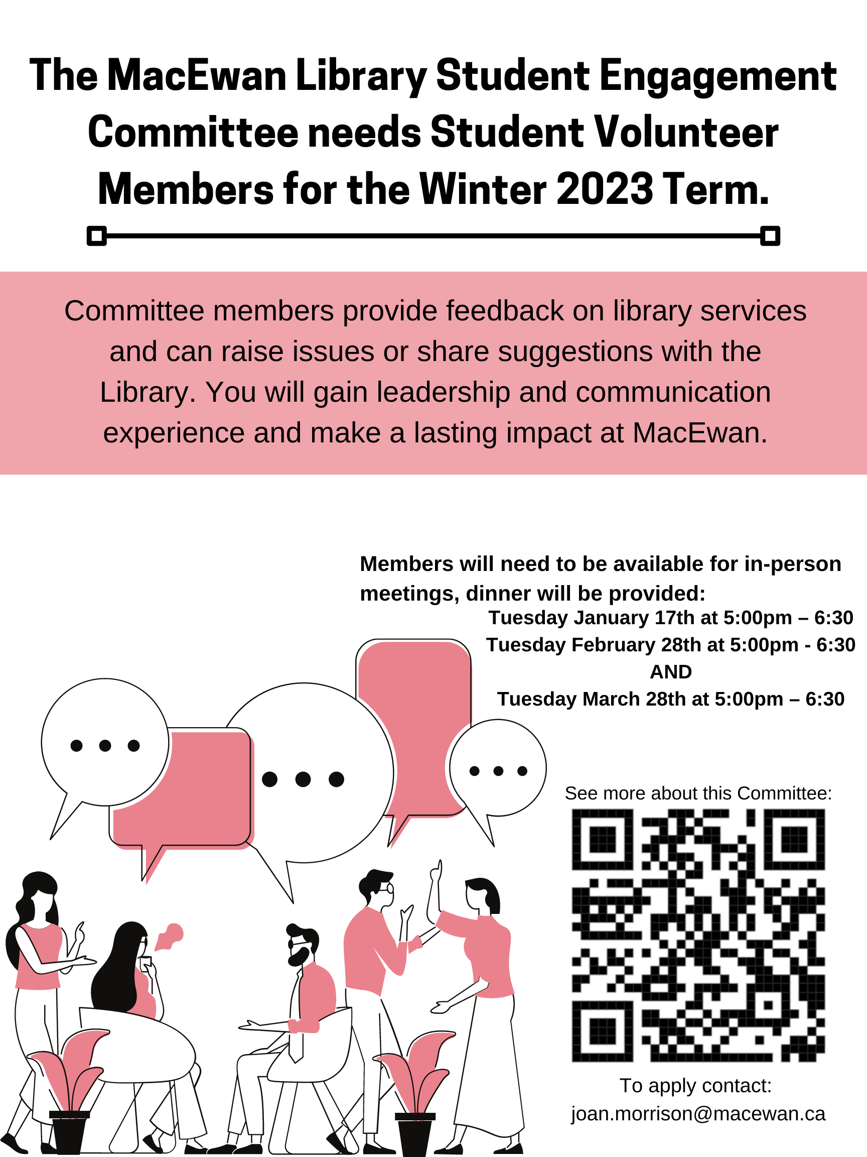 Poster advertising the MacEwan Library Student Engagement Committee, asking for student volunteers for Winter 2023.