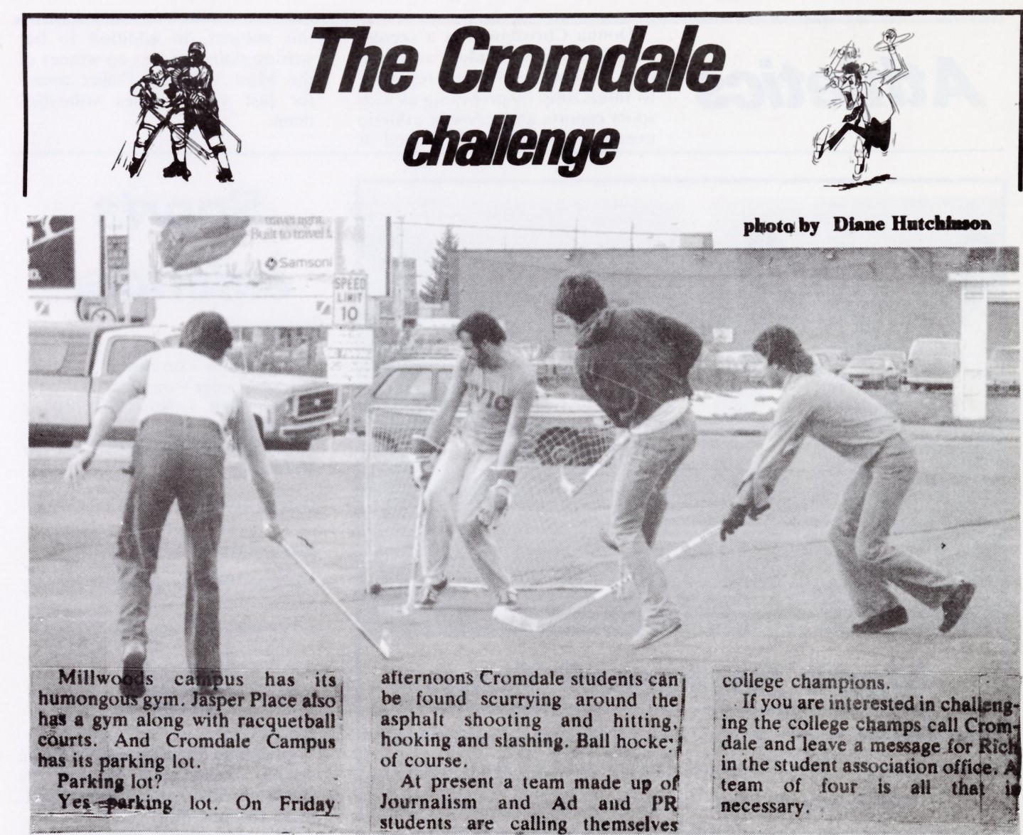 Old photograph of students playing hockey in the Cromdale campus parking lot. Article text is included in the description below.