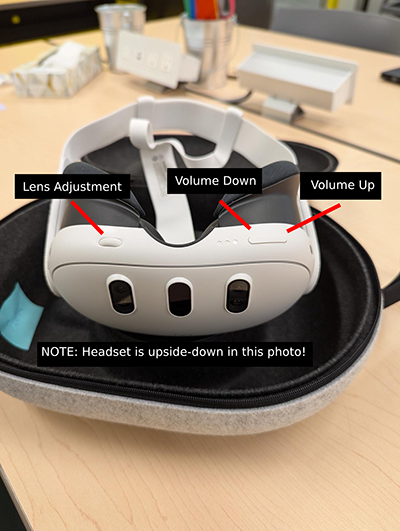 A front view of a white Meta Quest 3, turned upside down. The components are labeled. The lens adjustment dial is on the bottom of the headset on the left side. The volume up and down button is an oval, on the bottom of the headset on the right side.